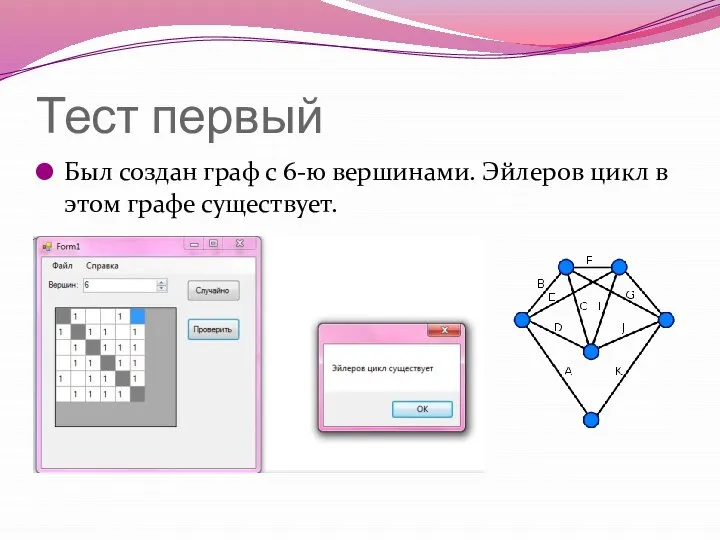 Тест первый Был создан граф с 6-ю вершинами. Эйлеров цикл в этом графе существует.
