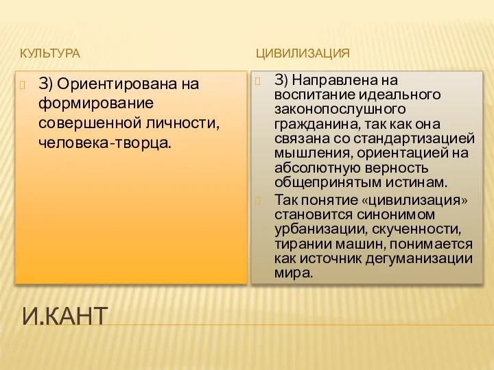 И.КАНТ КУЛЬТУРА ЦИВИЛИЗАЦИЯ 3) Ориентирована на формирование совершенной личности, человека-творца. 3)