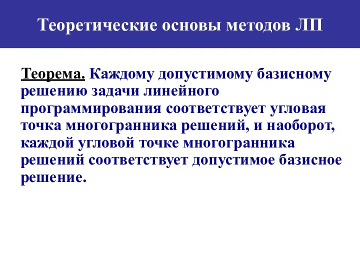 Теоретические основы методов ЛП Теорема. Каждому допустимому базисному решению задачи линейного