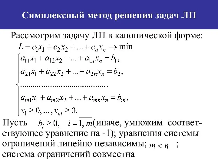 Симплексный метод решения задач ЛП Рассмотрим задачу ЛП в канонической форме: