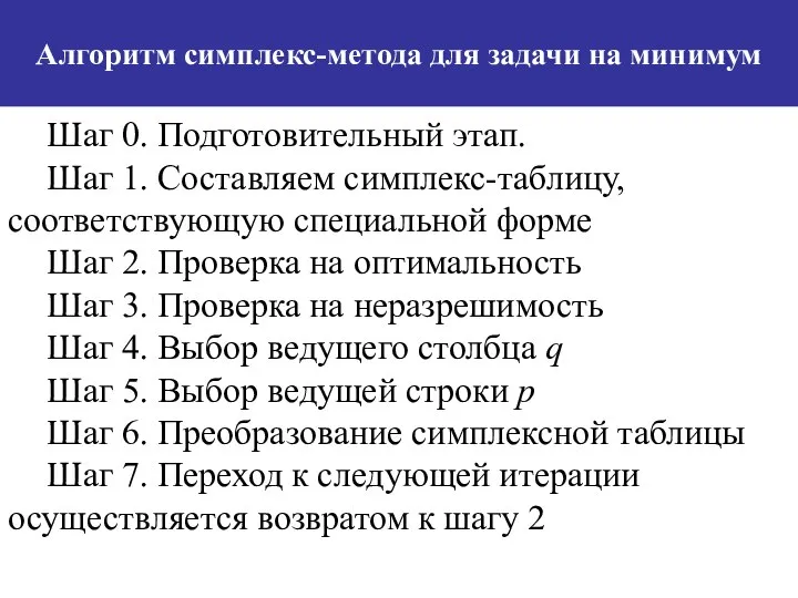 Алгоритм симплекс-метода для задачи на минимум Шаг 0. Подготовительный этап. Шаг