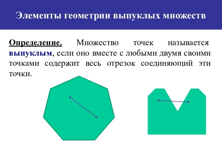 Элементы геометрии выпуклых множеств Определение. Множество точек называется выпуклым, если оно