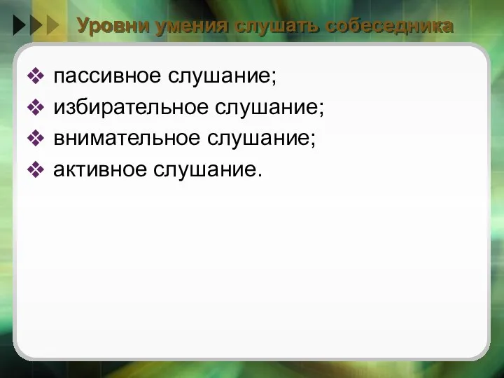 Уровни умения слушать собеседника пассивное слушание; избирательное слушание; внимательное слушание; активное слушание.