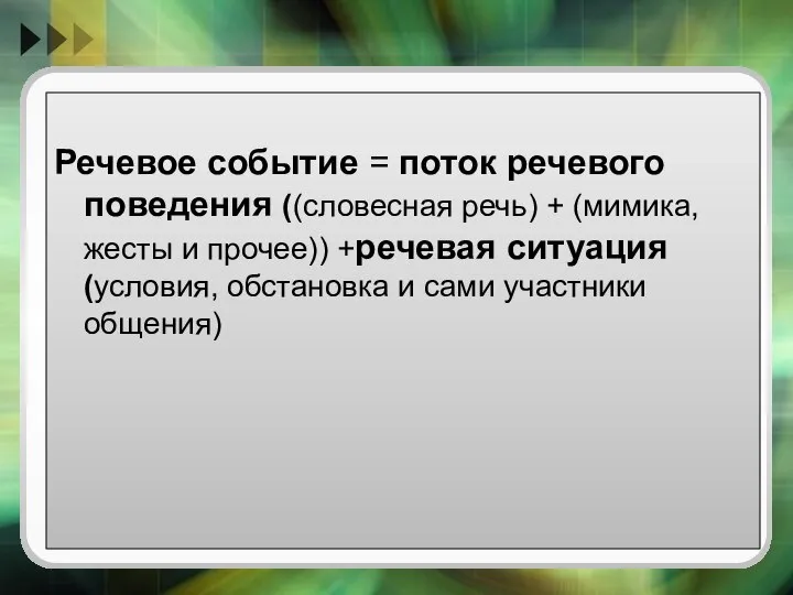 Речевое событие = поток речевого поведения ((словесная речь) + (мимика, жесты