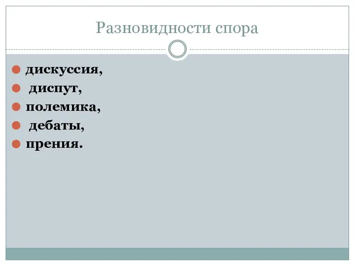 Разновидности спора дискуссия, диспут, полемика, дебаты, прения.