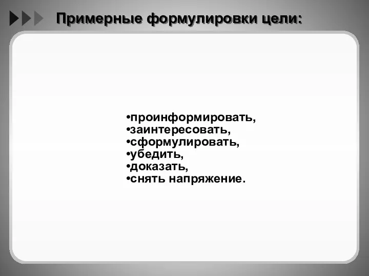 Примерные формулировки цели: проинформировать, заинтересовать, сформулировать, убедить, доказать, снять напряжение.