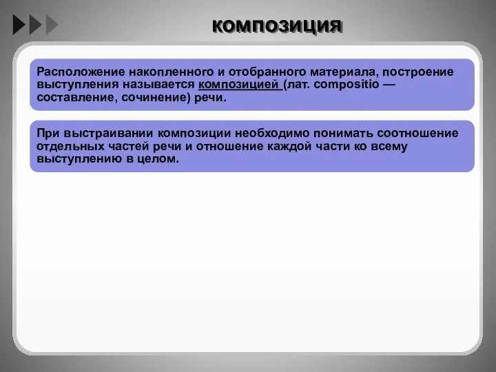 композиция Расположение накопленного и отобранного материала, построение выступления называется композицией (лат.