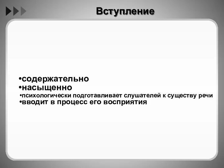 Вступление содержательно насыщенно психологически подготавливает слушателей к существу речи вводит в процесс его восприятия