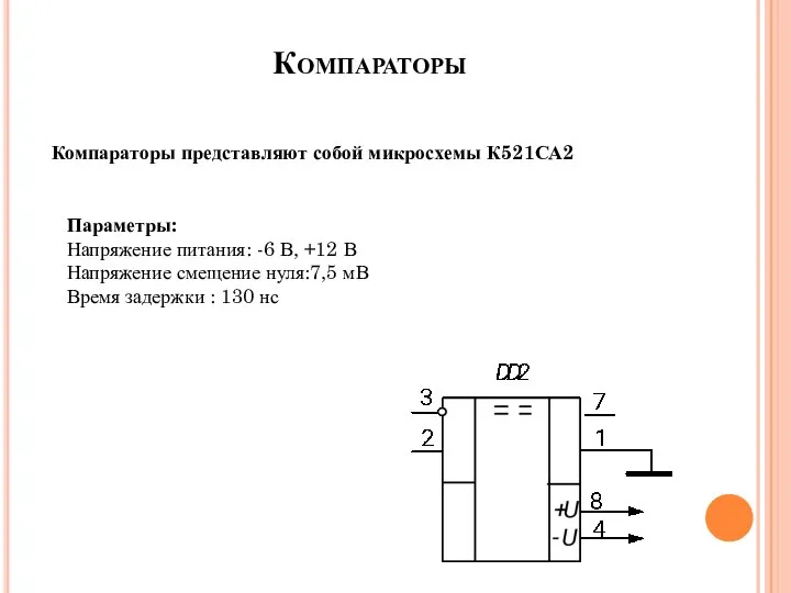 Компараторы Компараторы представляют собой микросхемы К521СА2 Параметры: Напряжение питания: -6 В,