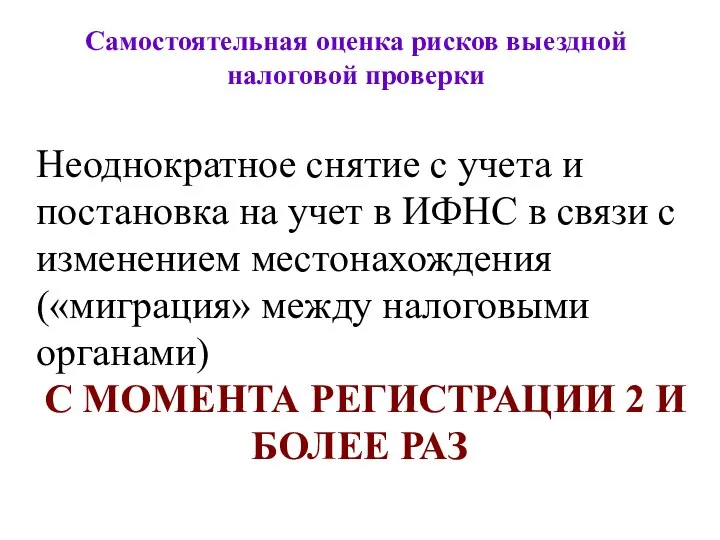 Самостоятельная оценка рисков выездной налоговой проверки Неоднократное снятие с учета и