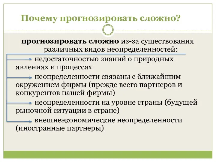 Почему прогнозировать сложно? прогнозировать сложно из-за существования различных видов неопределенностей: недостаточностью