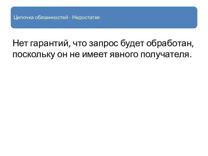 Цепочка обязанностей - Недостатки Нет гарантий, что запрос будет обработан, поскольку он не имеет явного получателя.