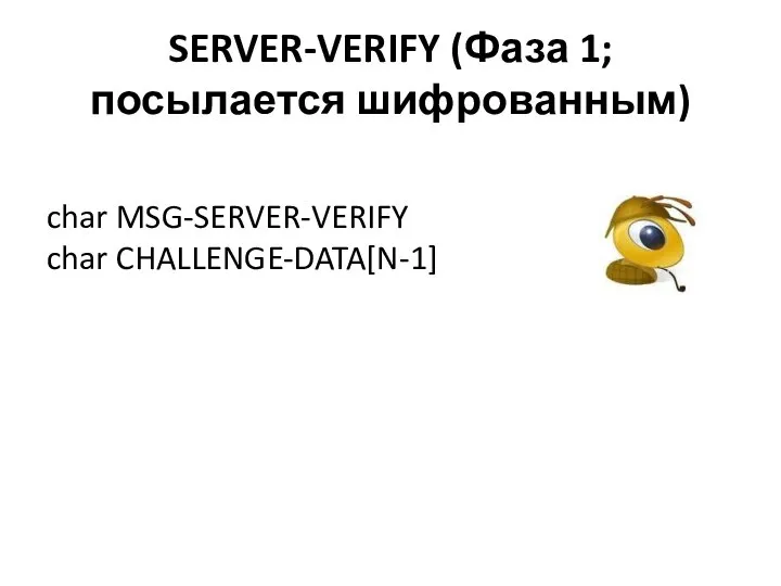 SERVER-VERIFY (Фаза 1; посылается шифрованным) char MSG-SERVER-VERIFY char CHALLENGE-DATA[N-1]