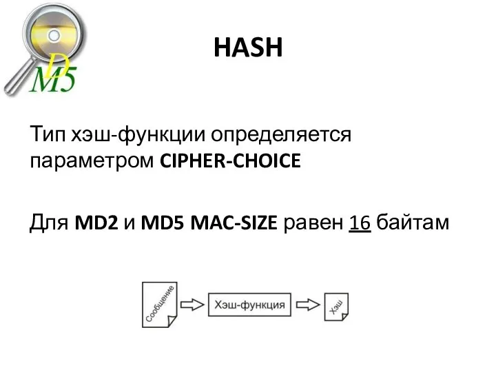 HASH Тип хэш-функции определяется параметром CIPHER-CHOICE Для MD2 и MD5 MAC-SIZE равен 16 байтам