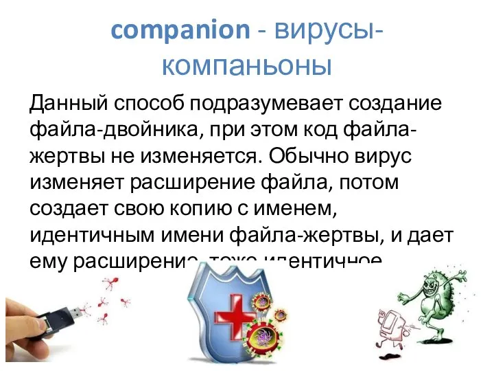 companion - вирусы-компаньоны Данный способ подразумевает создание файла-двойника, при этом код