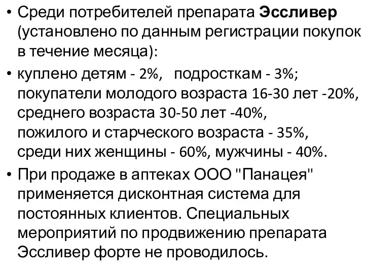 Среди потребителей препарата Эссливер (установлено по данным регистрации покупок в течение