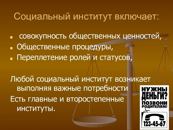 Социальный институт включает: совокупность общественных ценностей, Общественные процедуры, Переплетение ролей и