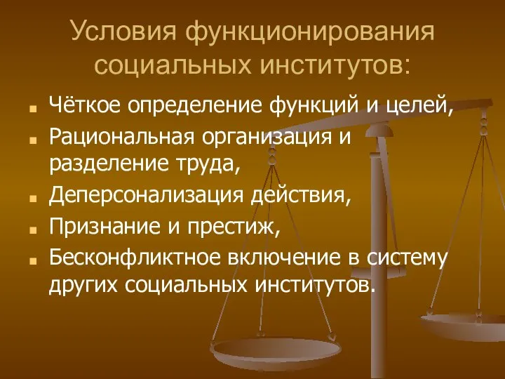 Условия функционирования социальных институтов: Чёткое определение функций и целей, Рациональная организация