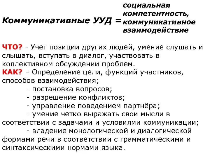 Коммуникативные УУД = ЧТО? - Учет позиции других людей, умение слушать