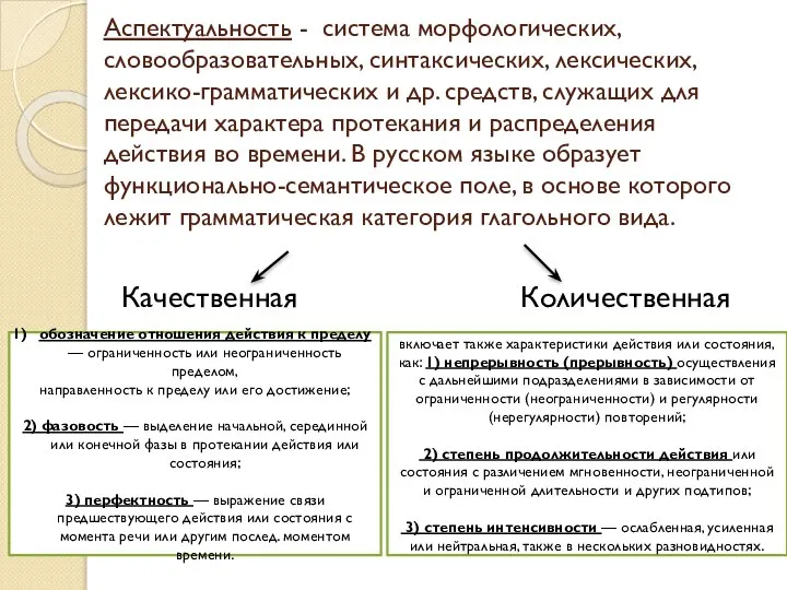 Аспектуальность - система морфологических, словообразовательных, синтаксических, лексических, лексико-грамматических и др. средств,