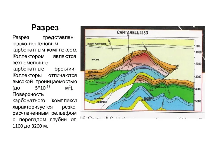 Разрез Разрез представлен юрско-неогеновым карбонатным комплексом. Коллектором являются вехнемеловые карбонатные брекчии.