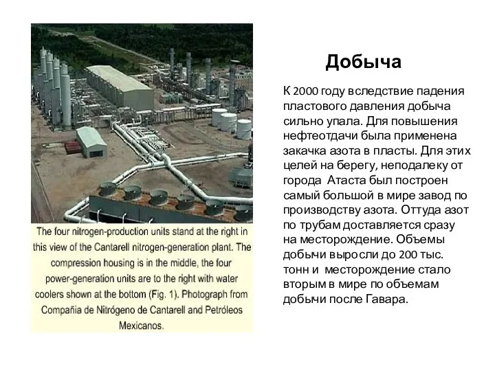 Добыча К 2000 году вследствие падения пластового давления добыча сильно упала.