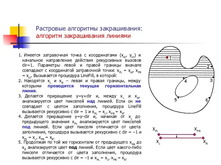 Растровые алгоритмы закрашивания: алгоритм закрашивания линиями Имеется затравочная точка с координатами