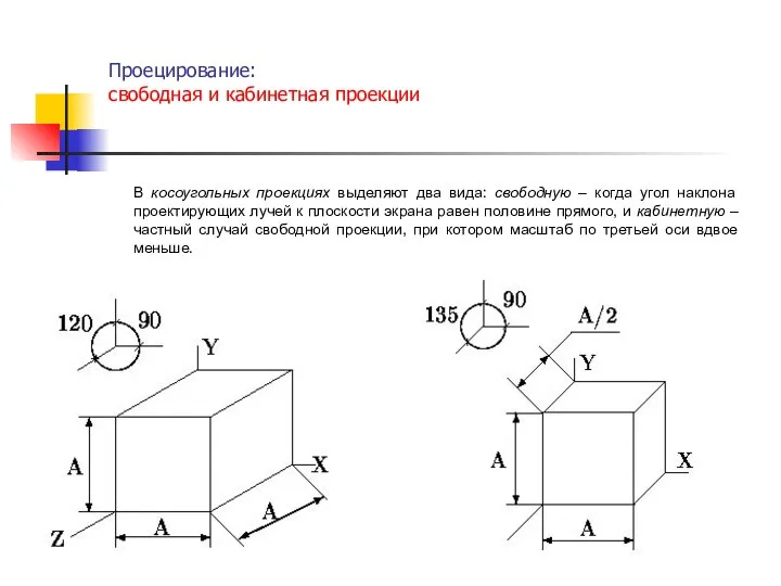 Проецирование: свободная и кабинетная проекции . В косоугольных проекциях выделяют два