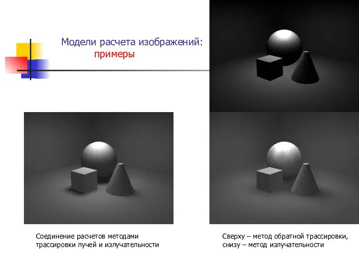 Модели расчета изображений: примеры Сверху – метод обратной трассировки, снизу –