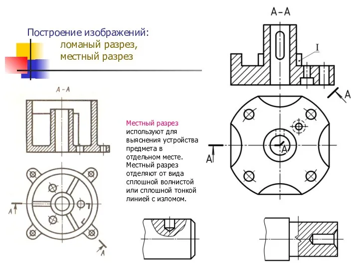 Построение изображений: ломаный разрез, местный разрез Местный разрез используют для выяснения