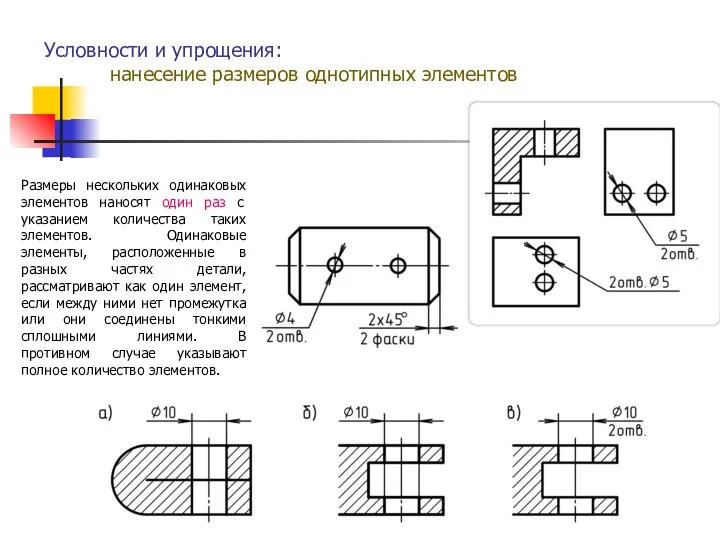 Условности и упрощения: нанесение размеров однотипных элементов Размеры нескольких одинаковых элементов