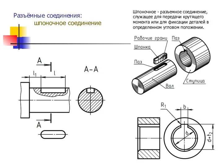 Разъёмные соединения: шпоночное соединение Шпоночное - разъемное соединение, служащее для передачи