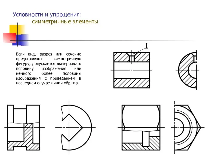 Условности и упрощения: симметричные элементы Если вид, разрез или сечение представляют