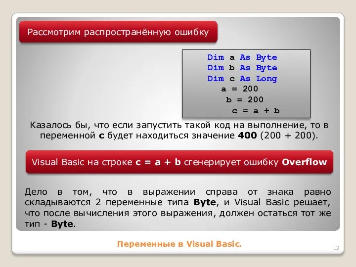 Переменные в Visual Basic. Рассмотрим распространённую ошибку Dim a As Byte