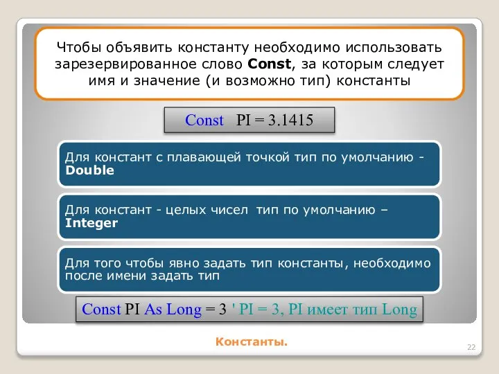 Константы. Чтобы объявить константу необходимо использовать зарезервированное слово Const, за которым