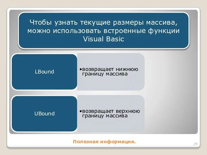 Полезная информация. Чтобы узнать текущие размеры массива, можно использовать встроенные функции