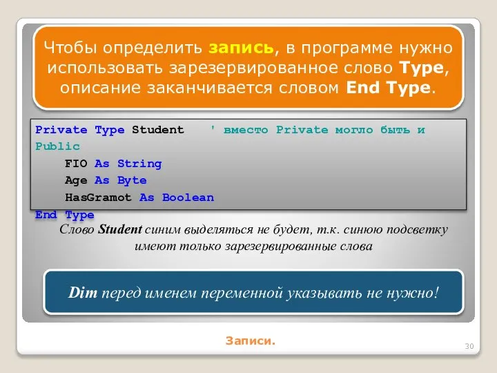 Записи. Чтобы определить запись, в программе нужно использовать зарезервированное слово Type,