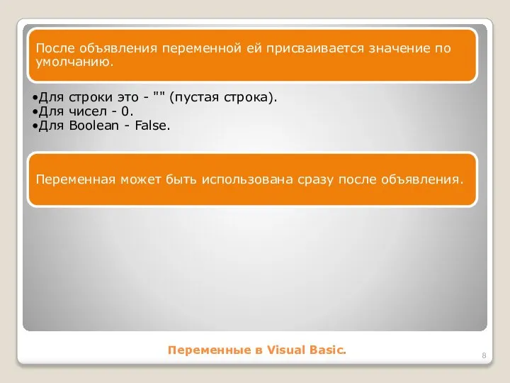 Переменные в Visual Basic. После объявления переменной ей присваивается значение по