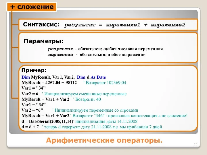 Арифметические операторы. Dim MyResult, Var1, Var2, Dim d As Date MyResult