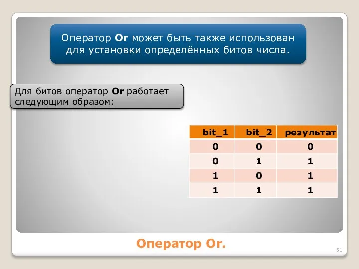 Оператор Or. Оператор Or может быть также использован для установки определённых