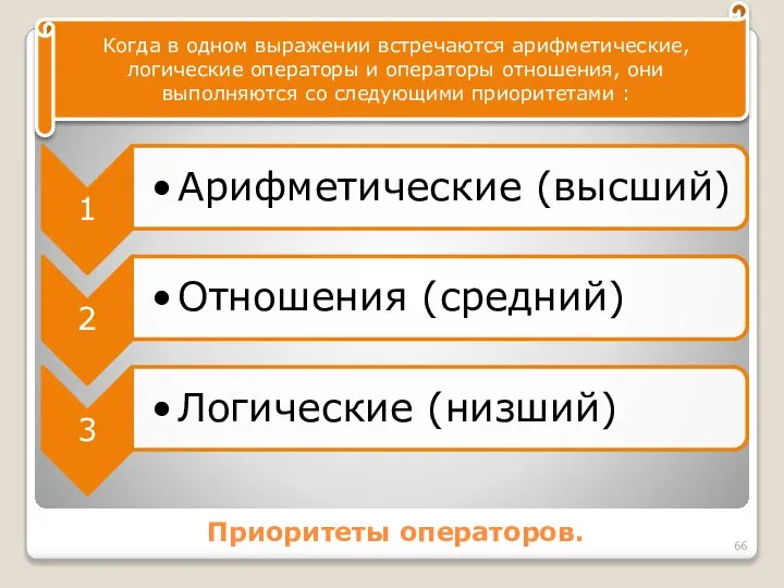 Приоритеты операторов. Когда в одном выражении встречаются арифметические, логические операторы и