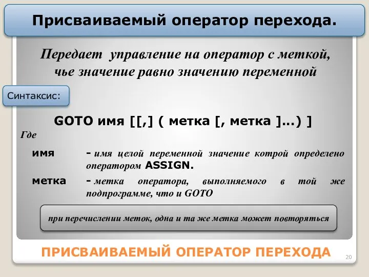 ПРИСВАИВАЕМЫЙ ОПЕРАТОР ПЕРЕХОДА Присваиваемый оператор перехода. GOTO имя [[,] ( метка