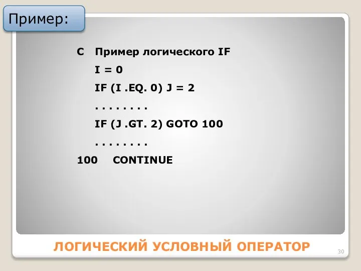 ЛОГИЧЕСКИЙ УСЛОВНЫЙ ОПЕРАТОР Пример: C Пример логического IF I = 0