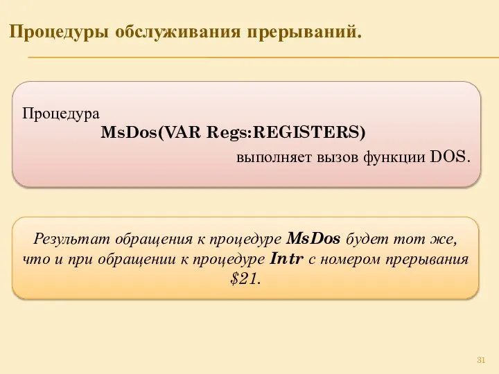 Процедуры обслуживания прерываний. Процедура MsDos(VAR Regs:REGISTERS) выполняет вызов функции DOS. Результат