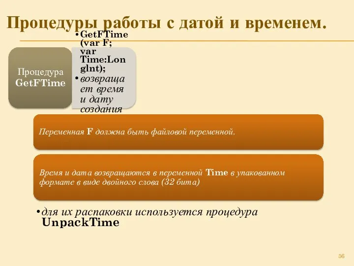 Процедуры работы с датой и временем. Процедура GetFTime GetFTime(var F; var