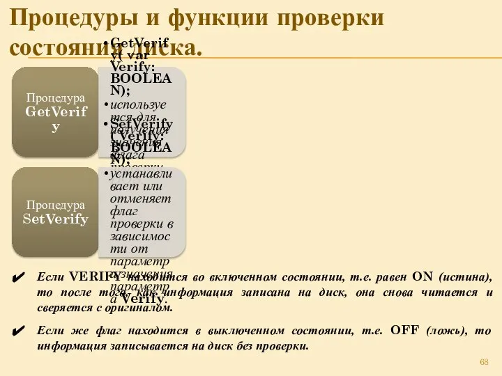 Процедуры и функции проверки состояния диска. Процедура GetVerify GetVerify( var Verify: