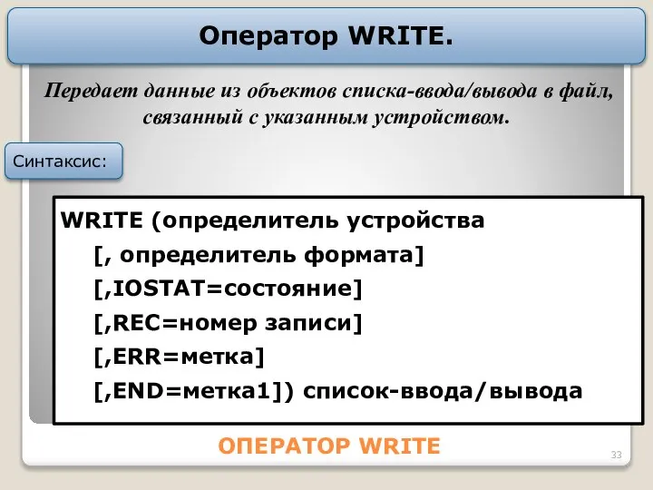 ОПЕРАТОР WRITE Оператор WRITE. WRITE (определитель устройства [, определитель формата] [,IOSTAT=состояние]