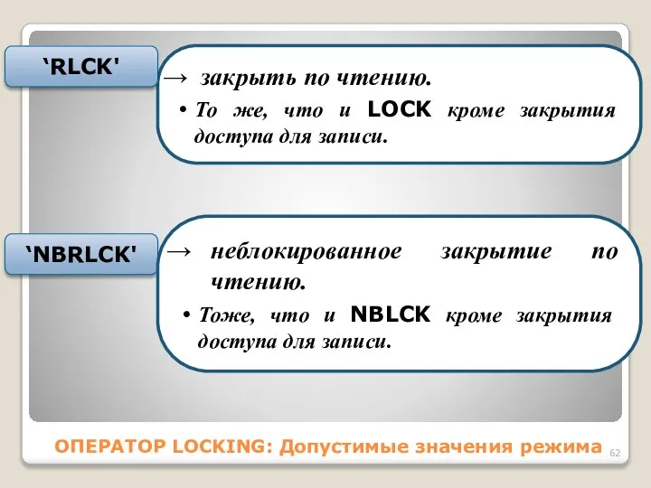 ОПЕРАТОР LOCKING: Допустимые значения режима закрыть по чтению. То же, что