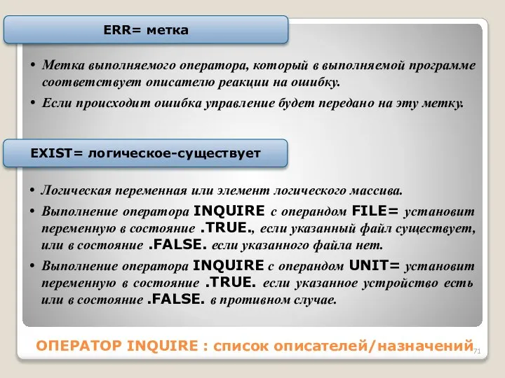 ОПЕРАТОР INQUIRE : список описателей/назначений Метка выполняемого оператора, который в выполняемой