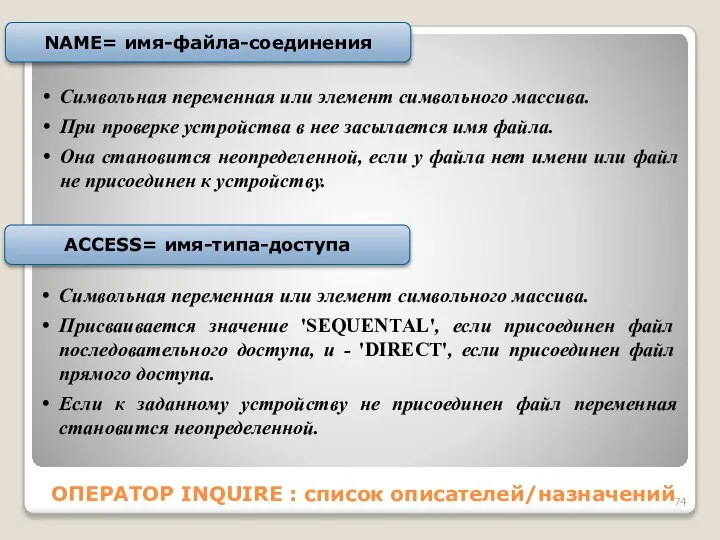 ОПЕРАТОР INQUIRE : список описателей/назначений Символьная переменная или элемент символьного массива.